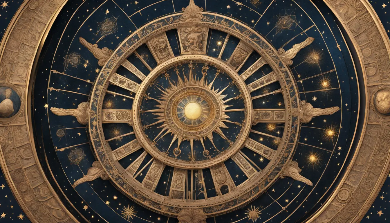 Ilustração de uma roda celestial com símbolos dos signos do zodíaco contra um céu estrelado, destacando sol e lua.