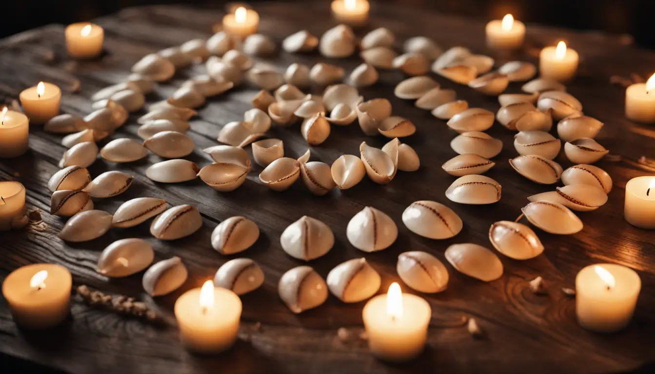 Imagem de búzios dispostos em círculo em uma mesa de madeira com velas acesas ao redor, evocando a prática de adivinhação para solução de problemas modernos.