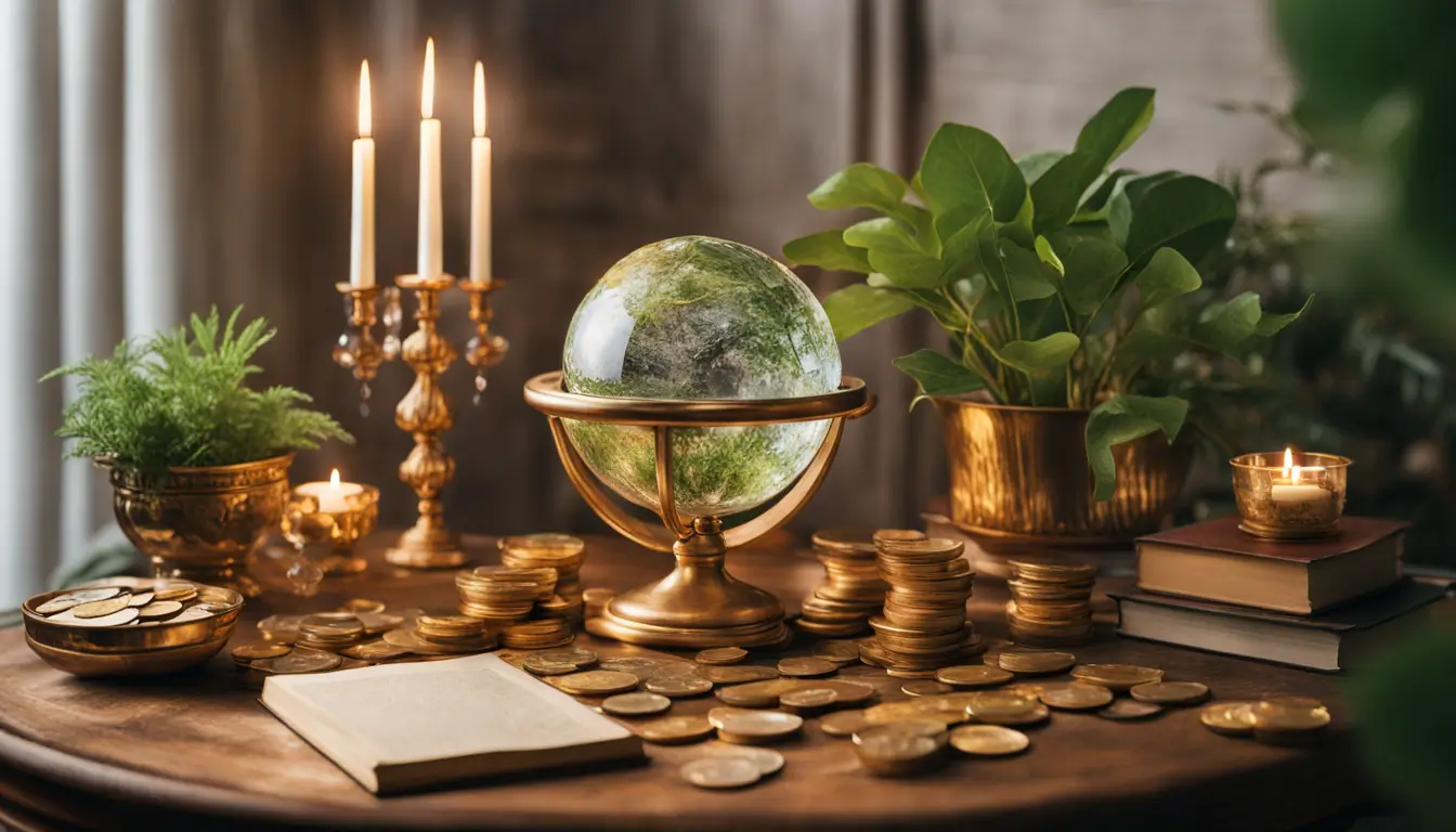 Mesa de madeira elegante com uma tigela dourada cheia de moedas, cercada por plantas verdes e velas, com um globo de cristal e livros sobre riqueza ao fundo.