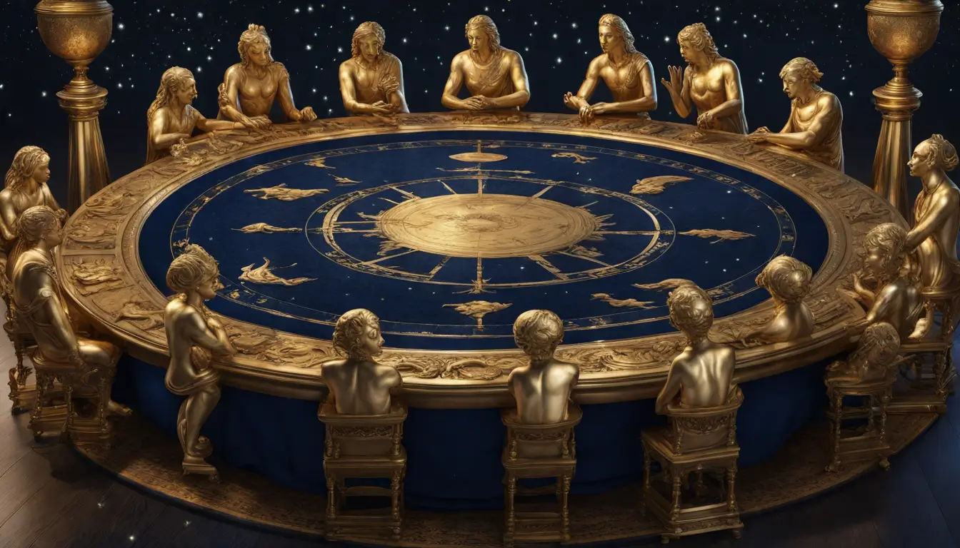 Imagem de uma mesa circular com pano de veludo azul e globo celestial em latão, rodeado por estatuetas douradas dos signos do zodíaco.