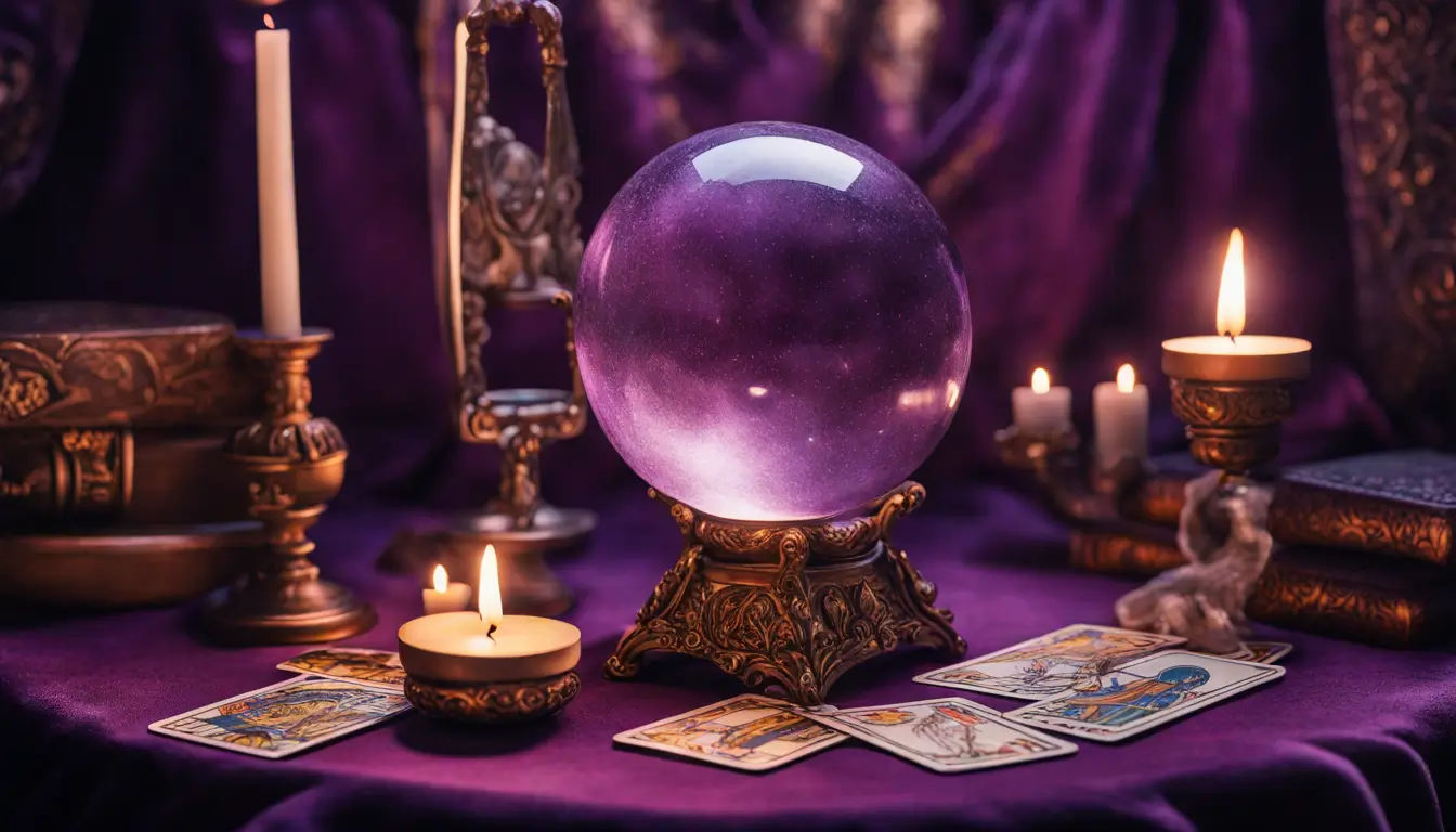 Mesa de tarô detalhada em ambiente místico com bola de cristal e velas, cartas de tarô com símbolos tradicionais sobre tecido de veludo roxo.