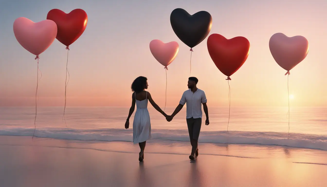 Casal de mãos dadas caminhando na praia ao pôr do sol, cercado por balões em forma de coração, representando amor e conexão.