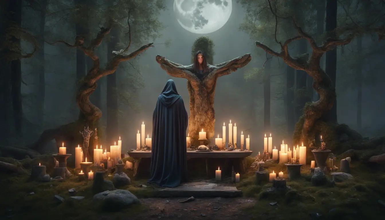 Altar de pedra com símbolos Wicca iluminado pela lua em uma clareira, cercado por velas, cristais e ervas, com figura encapuzada segurando uma varinha.