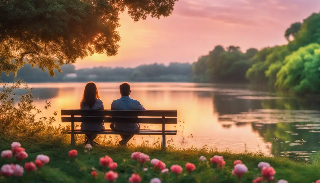 Imagem de um casal de mãos dadas em um banco de parque, cenário romântico com lago, árvores e flores, representando amor e relacionamentos.