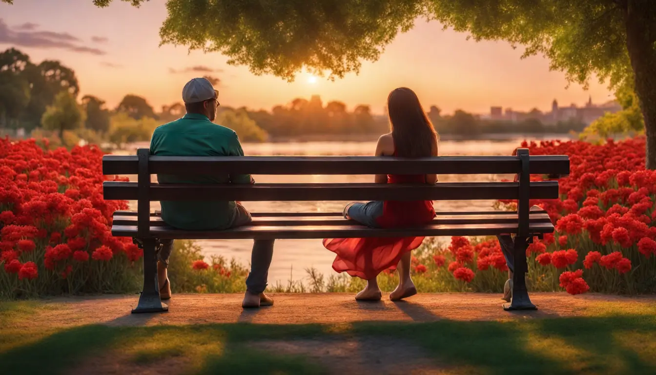 Casal sentado em um banco de parque ao pôr do sol, rodeado por flores vermelhas e árvores verdes, simbolizando simpatias de amor e relacionamento duradouro.