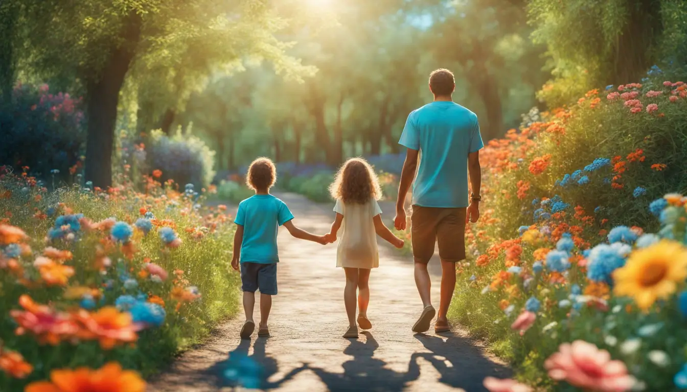 Casal jovem de mãos dadas em um parque florido e ensolarado, representando simpatias para atrair um novo amor.