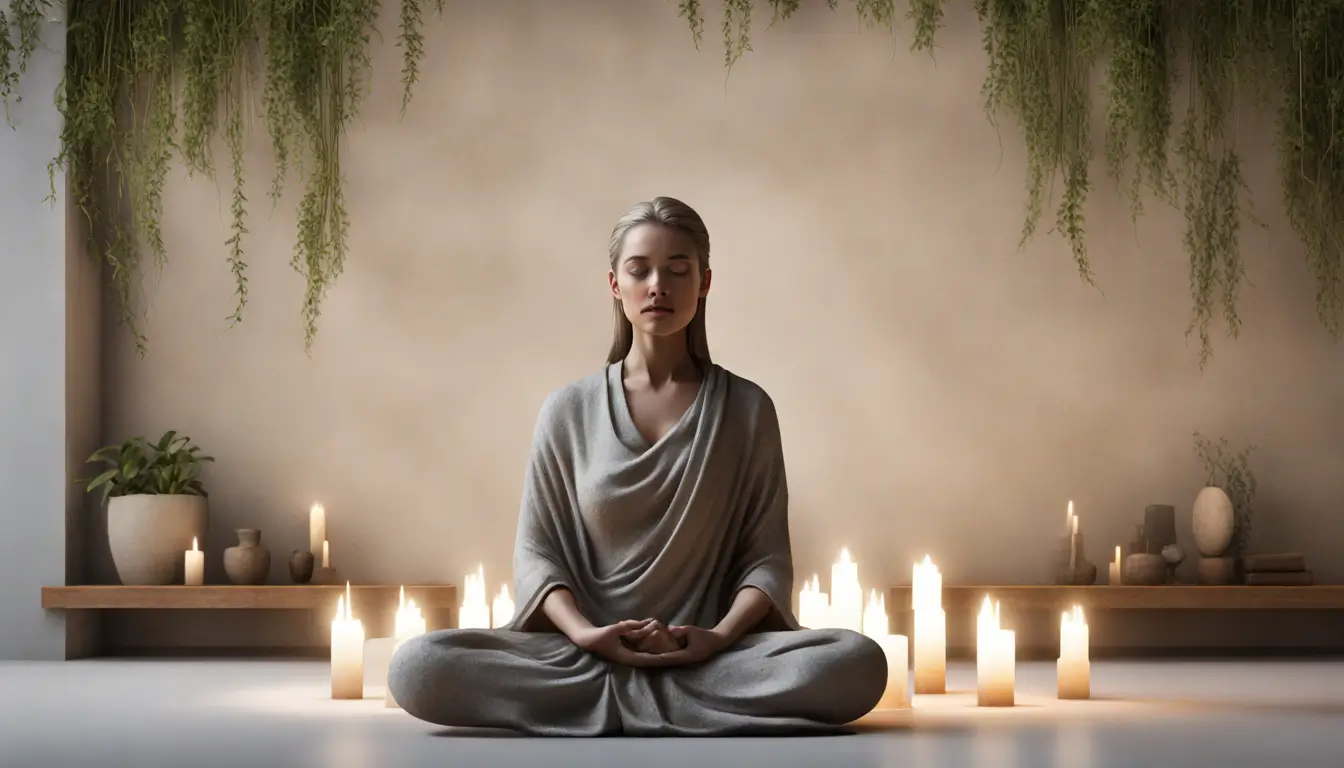 Figura meditando em círculo de velas acesas, cercada por cristais e plantas, representando rituais de limpeza espiritual para uma vida harmoniosa.