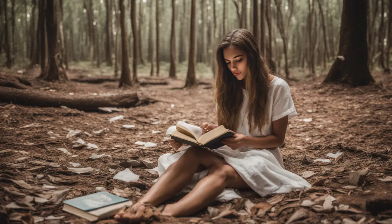 Imagem de uma jovem praticante de Wicca em um círculo de pedras em uma floresta, segurando um cajado e um livro antigo sob a luz da lua cheia.