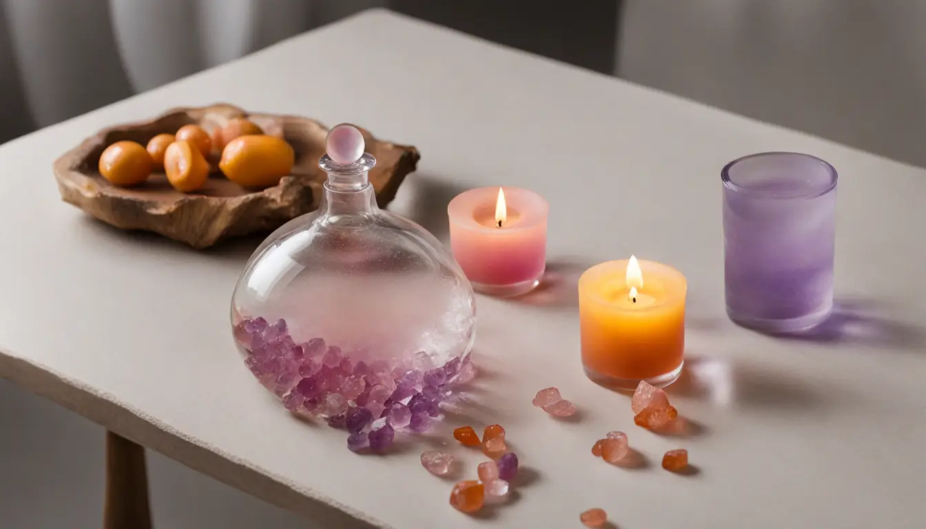 Imagem de uma mesa com cristais energéticos de várias cores como ametista, quartzo rosa e citrino, com uma planta suculenta ao lado, luz natural ao fundo.