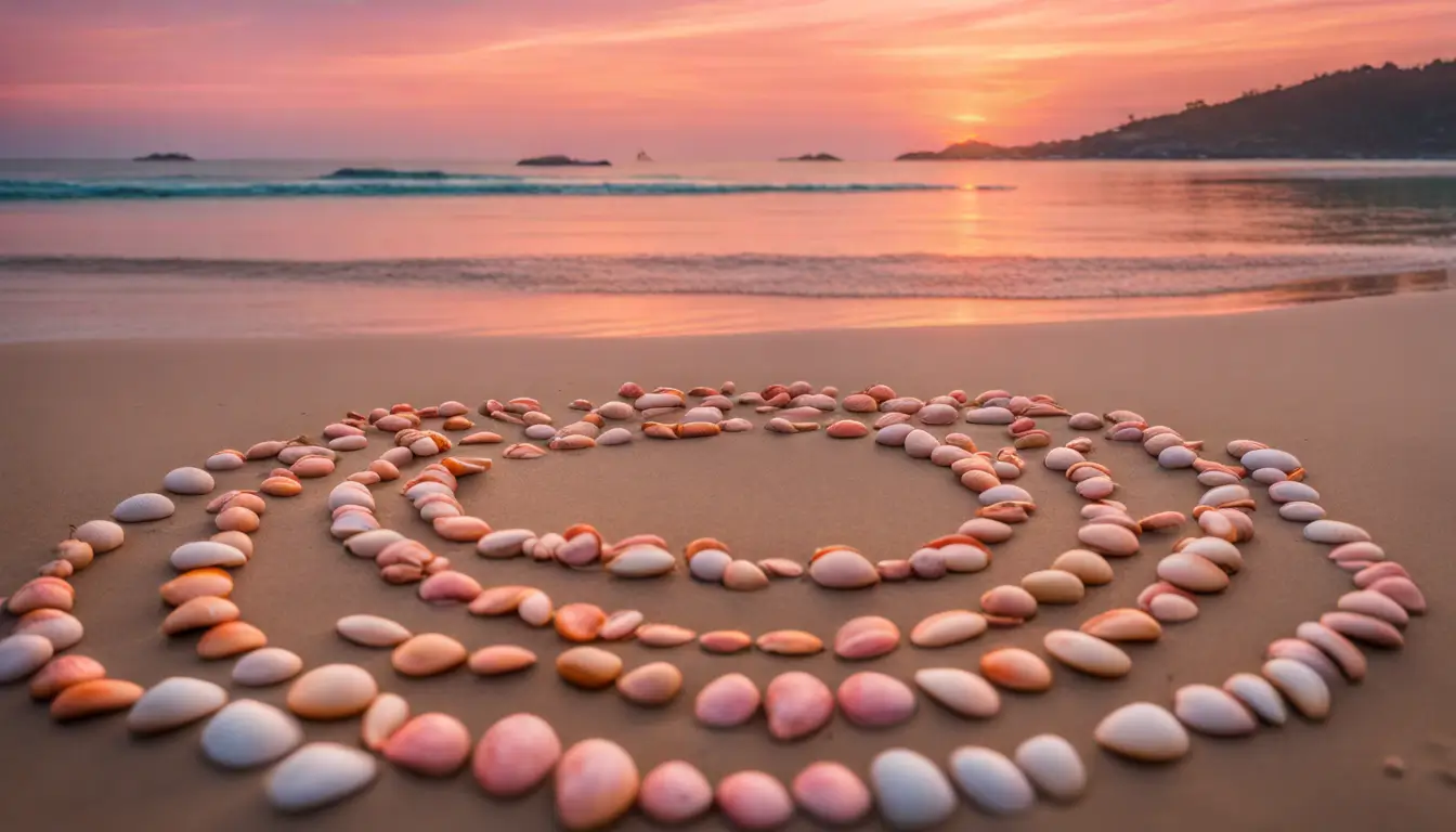 Pessoa meditando em uma praia ao pôr do sol com um círculo de búzios coloridos à sua frente, evocando espiritualidade e paz.