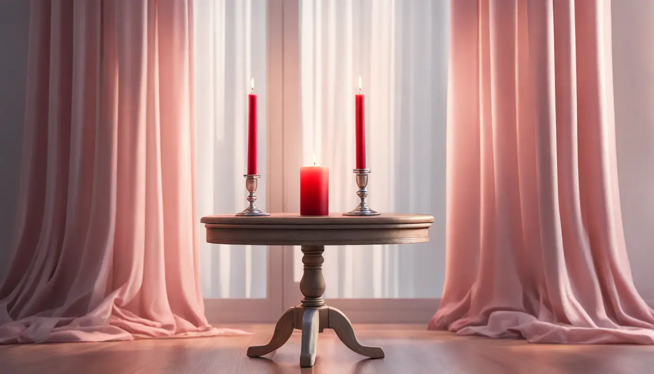 Imagem de duas velas vermelhas acesas em castiçais de prata com um coração de quartzo rosa, sugerindo rituais de amor.