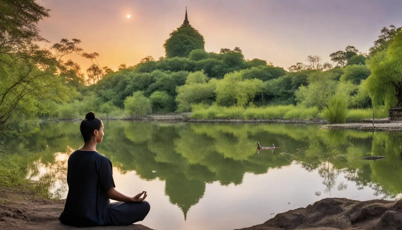 Pessoa meditando em jardim zen ao nascer do sol com lago, estátuas de Buda, pedras suaves, plantas verdes e cerejeira florescendo ao fundo.