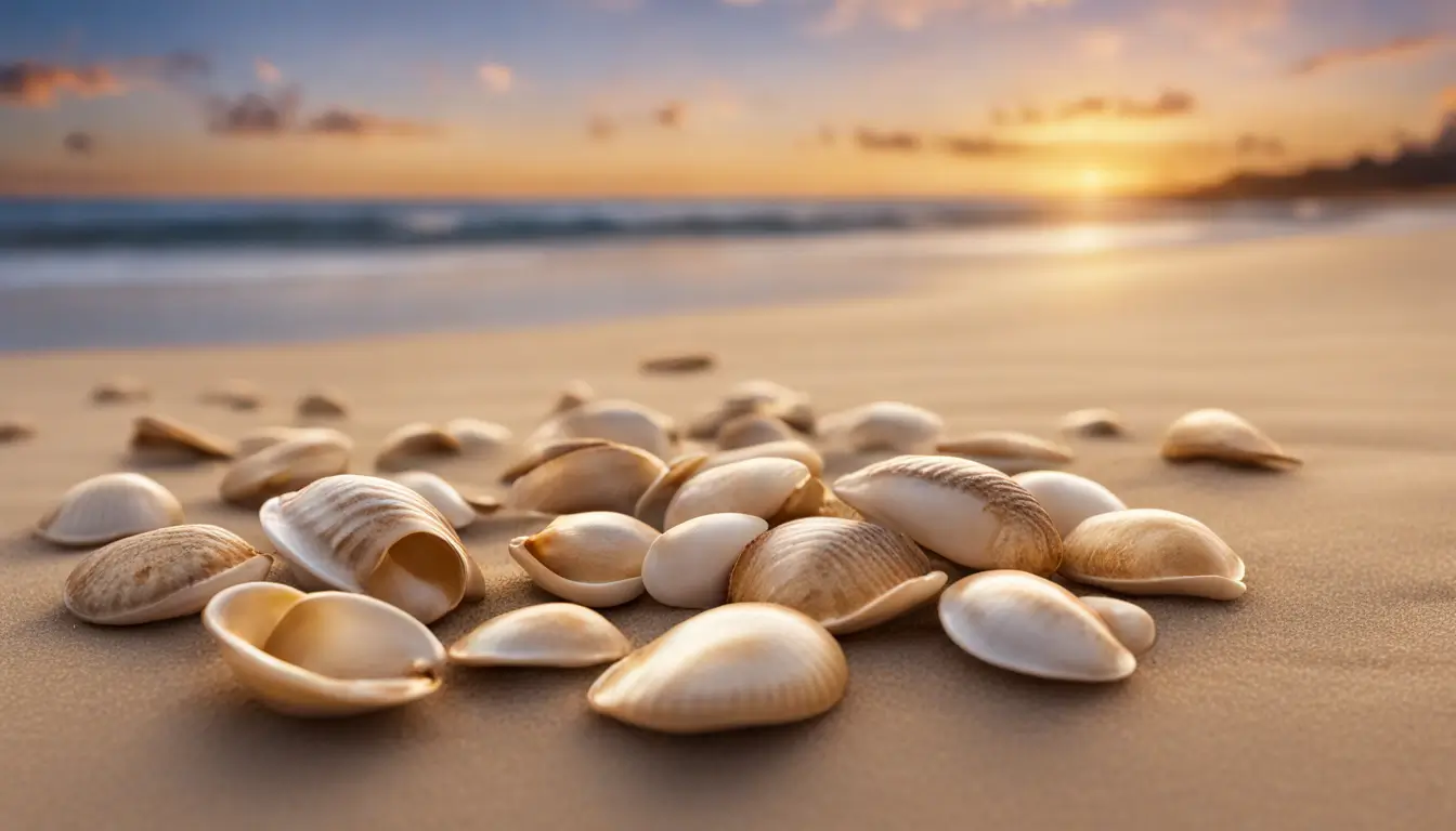 Concha de búzios dispostas em semicírculo na areia suave de uma praia ao pôr do sol com ondas suaves ao fundo.