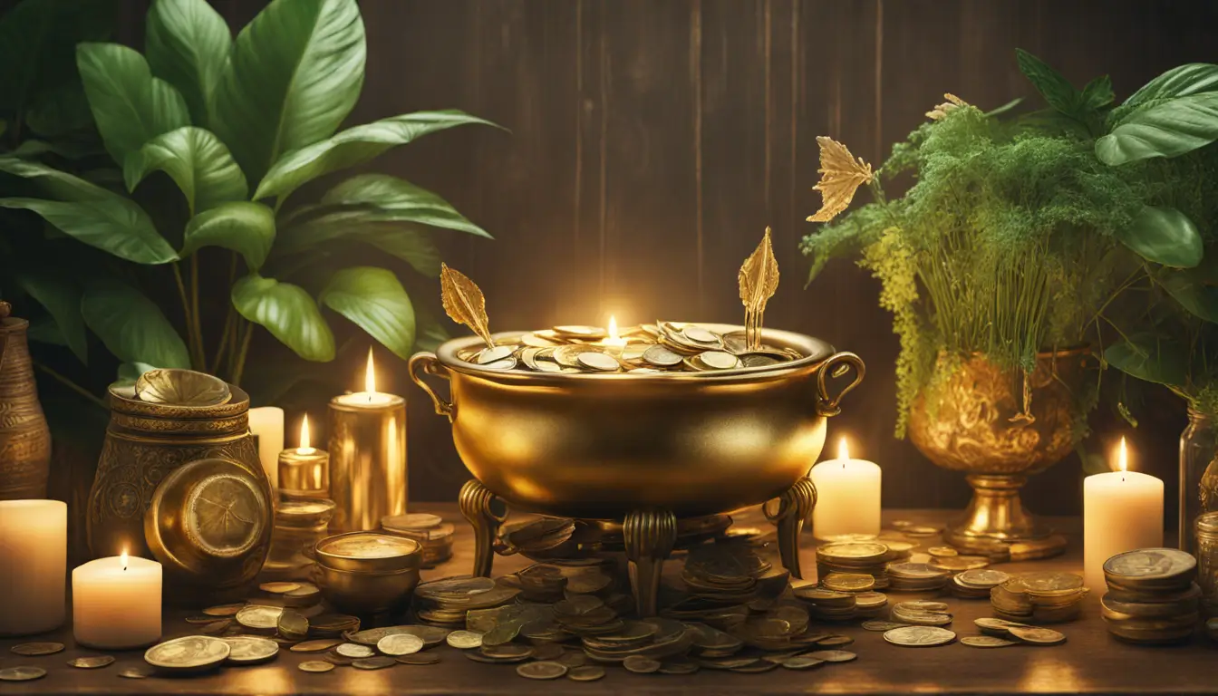 Caldeirão dourado com diferentes moedas, cercado por velas verdes e douradas, cristais e plantas, simbolizando prosperidade financeira.