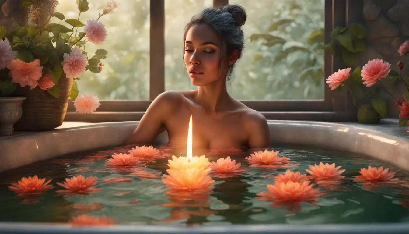 Mulher em uma banheira de ferro cheia de água e pétalas de flores, cercada por velas acesas e plantas, simbolizando banhos energéticos para fortalecer a aura.