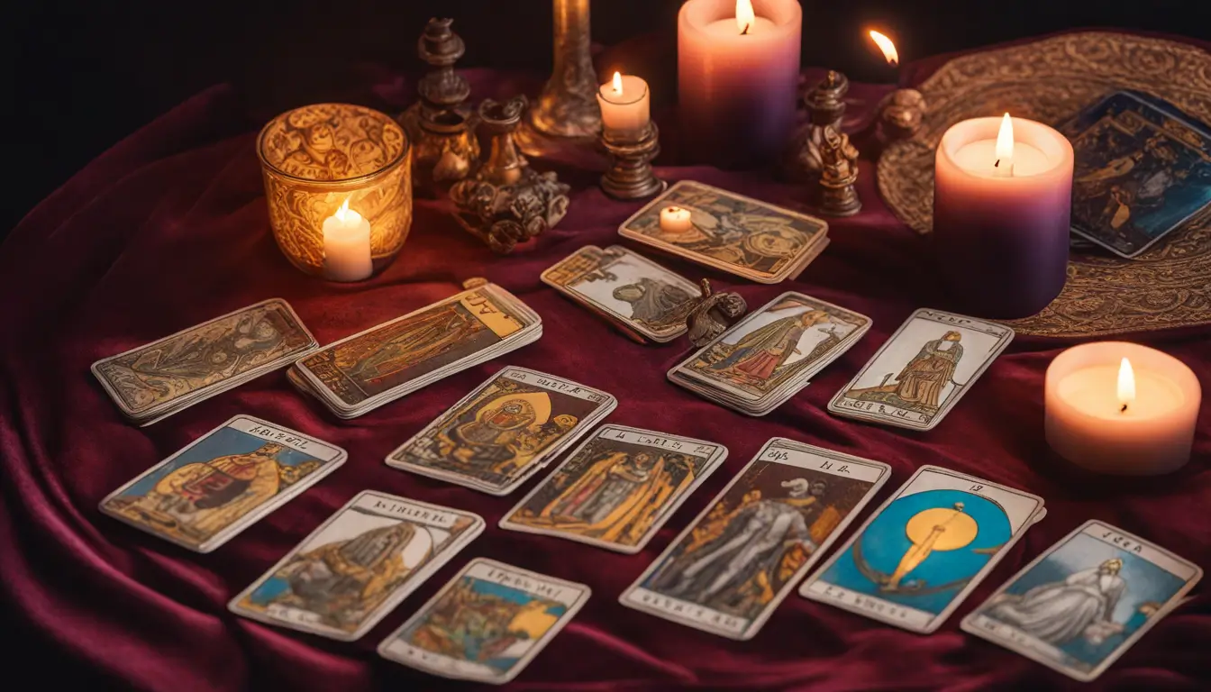 Imagem de uma mesa de madeira com cartas de Tarot espalhadas, iluminadas por uma vela, ideal para entender o significado das cartas de Tarot.