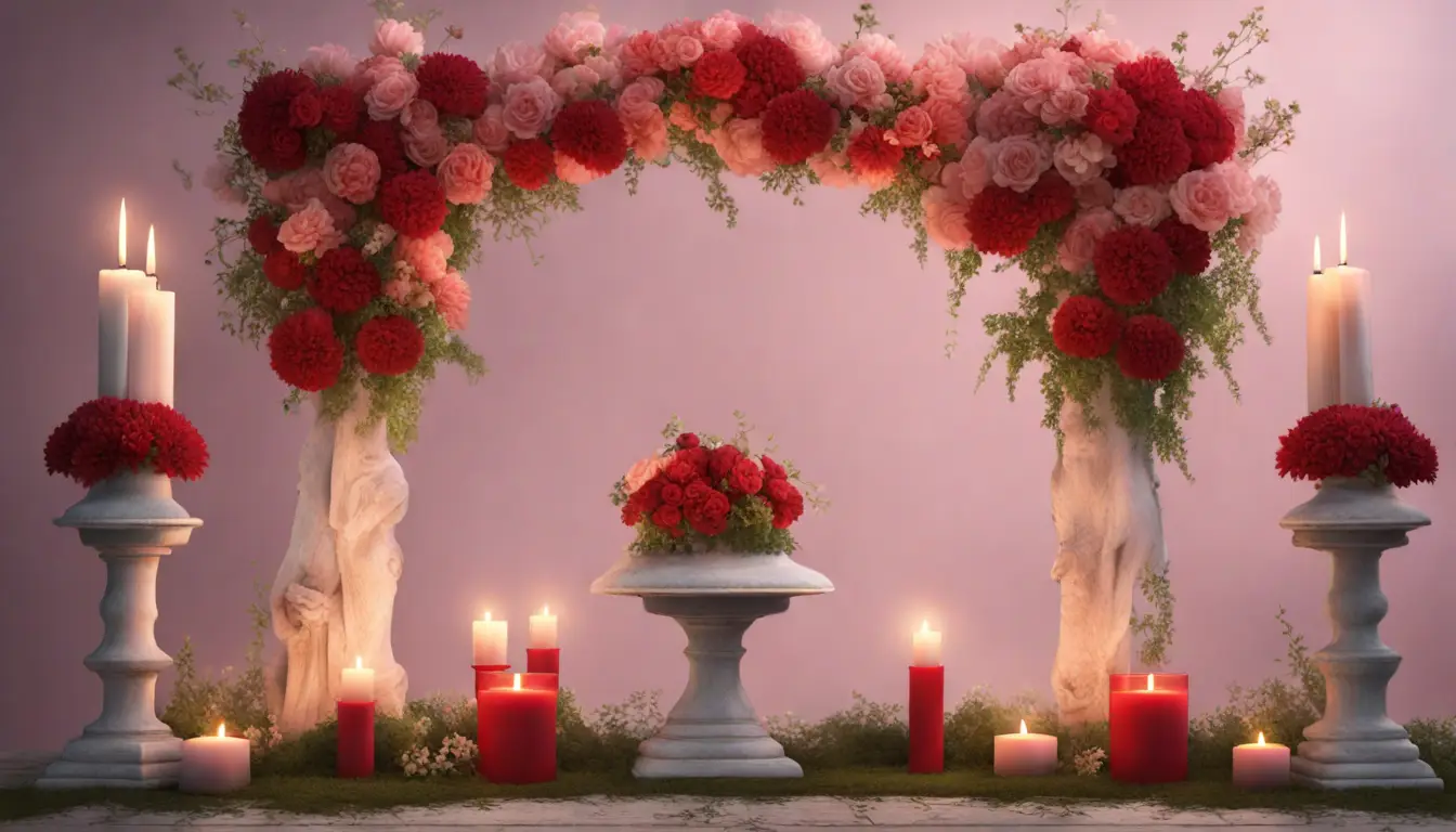 Altar em um jardim com velas acesas, flores vermelhas e brancas, um coração de papel vermelho no centro e estátua de anjo com rosa.