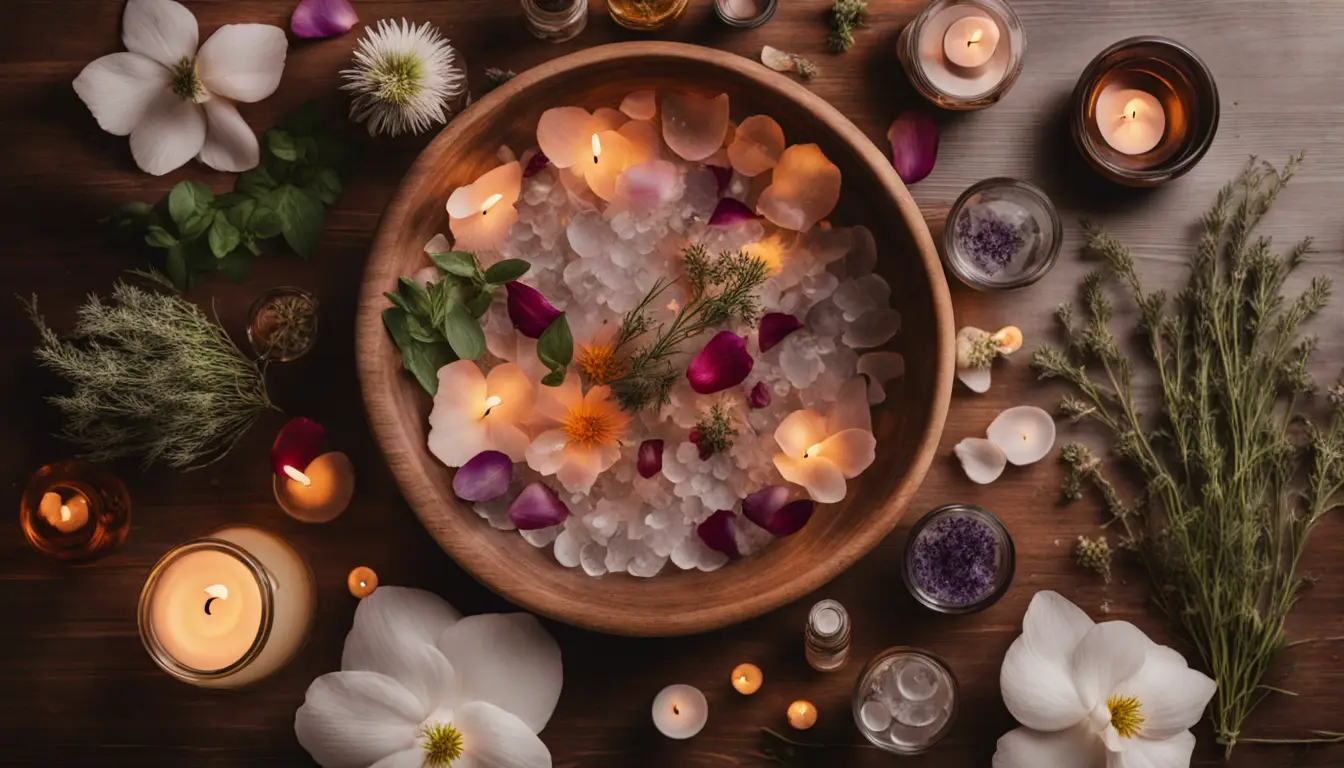 Vista aérea de uma mesa de madeira com uma tigela de cristal cheia de água e pétalas de flores, cercada por ervas, frascos de óleos essenciais e velas acesas.