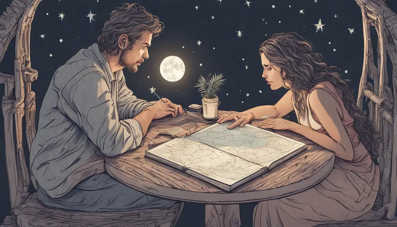 Dois casais sentados à mesa ao ar livre à noite com mapa astral, telescópio, laptop com gráficos astrológicos e velas acesas.