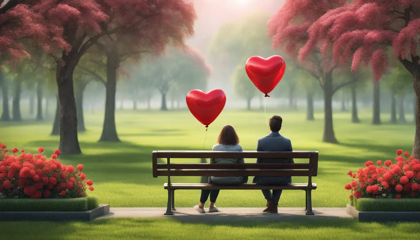 Casal sentado em um banco de parque segurando um balão vermelho em forma de coração, rodeado de flores e árvores.