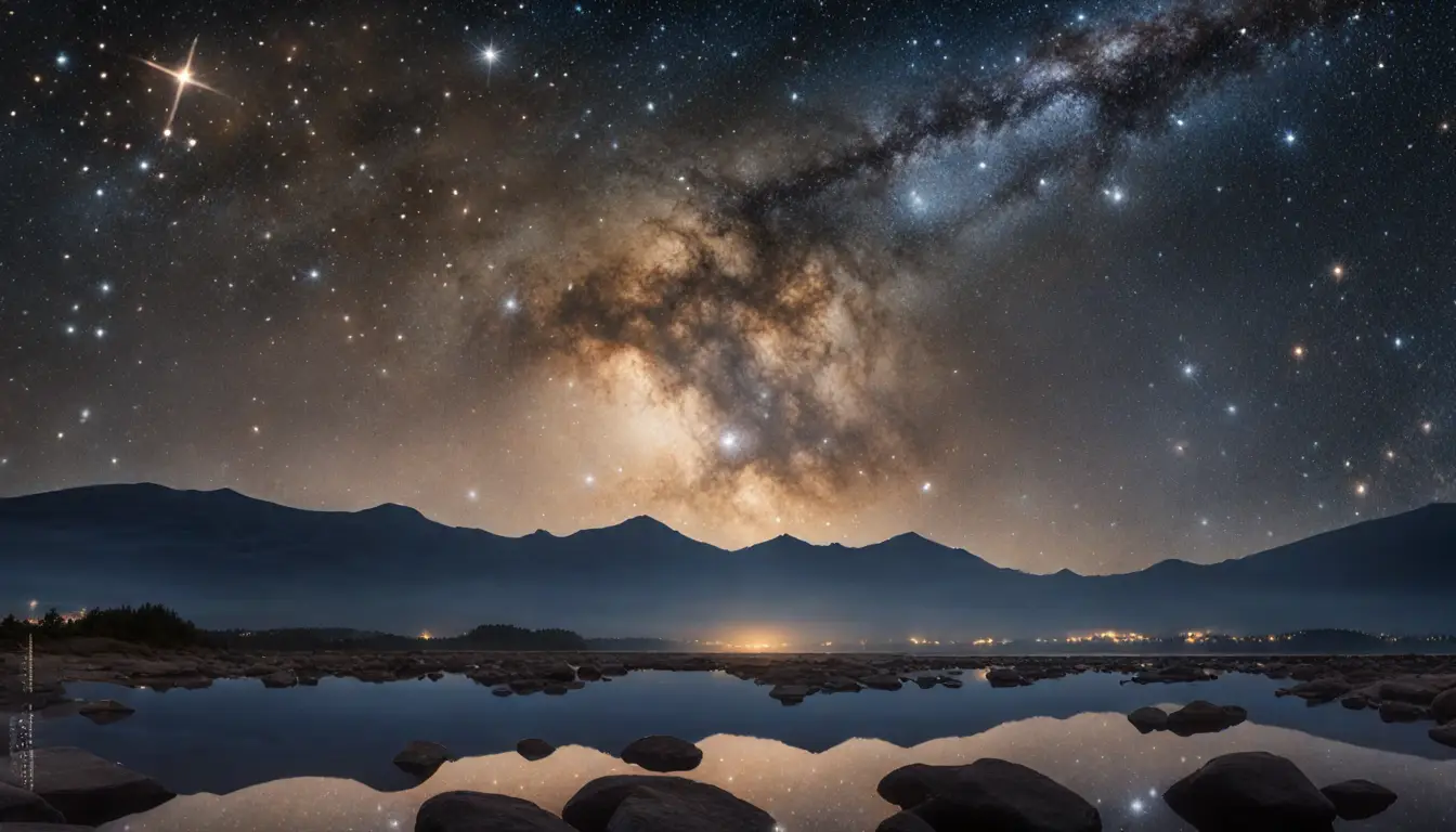 Céu noturno estrelado com doze constelações do zodíaco e uma esfera de cristal transparente refletindo as estrelas.