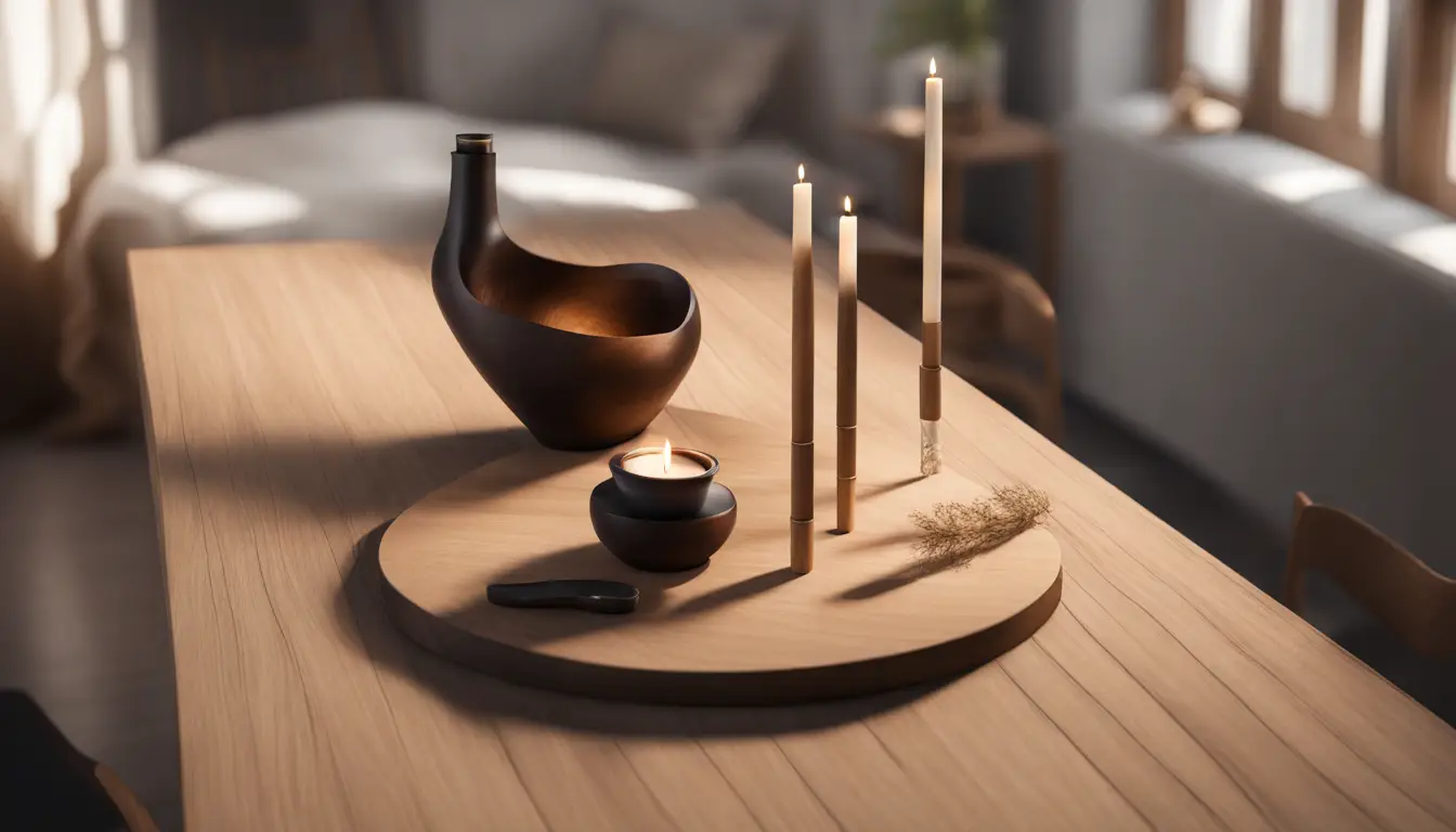 Conjunto de búzios em círculo sobre mesa de madeira com vela acesa ao centro e bloco de anotações com caneta ao lado.