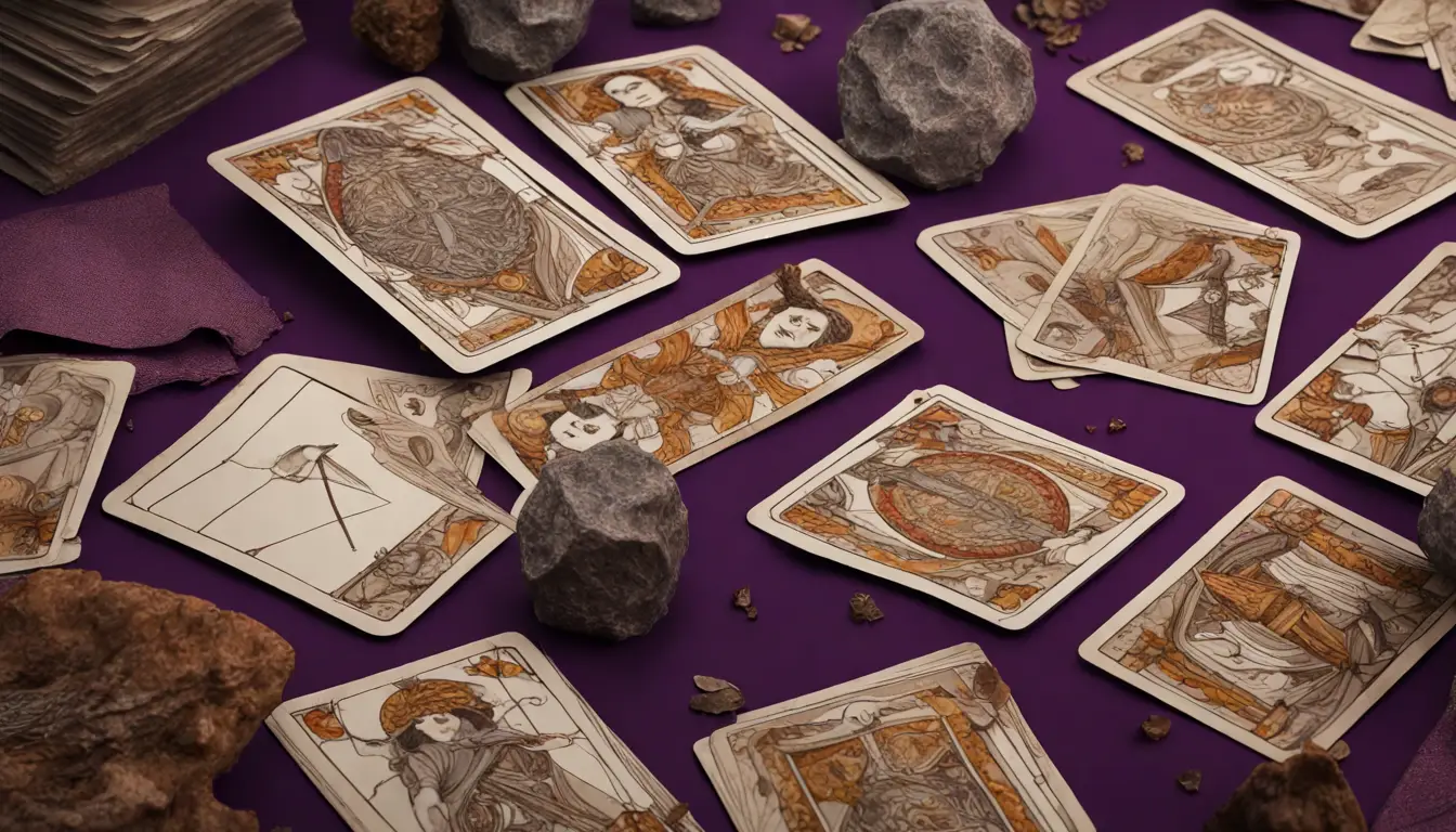 Mesa de madeira com cartas de tarot dispostas em leque, uma vela acesa ao lado e fundo de tecido roxo.