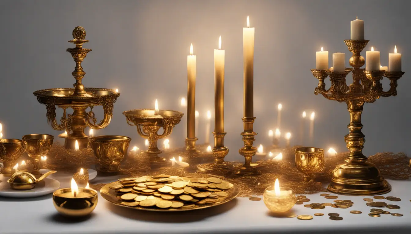 Mesa de madeira escura com moedas de ouro, notas de dinheiro, candelabro dourado com velas acesas, e baú aberto cheio de joias.