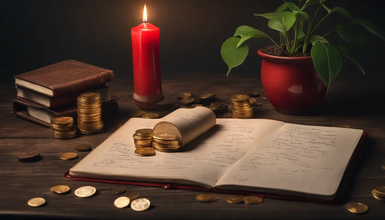 Mesa de madeira com uma vela vermelha grande, um caderno aberto com anotações, uma planta verde em um vaso de cerâmica e moedas de ouro espalhadas.