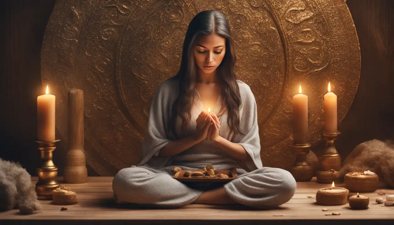 Mulher meditando em frente a uma vela acesa com moedas de ouro ao redor em uma mesa de madeira.