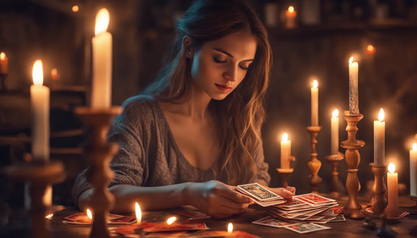 Mulher segurando cartas de Tarô coloridas em uma mesa de madeira escura com velas acesas e cristais ao redor.