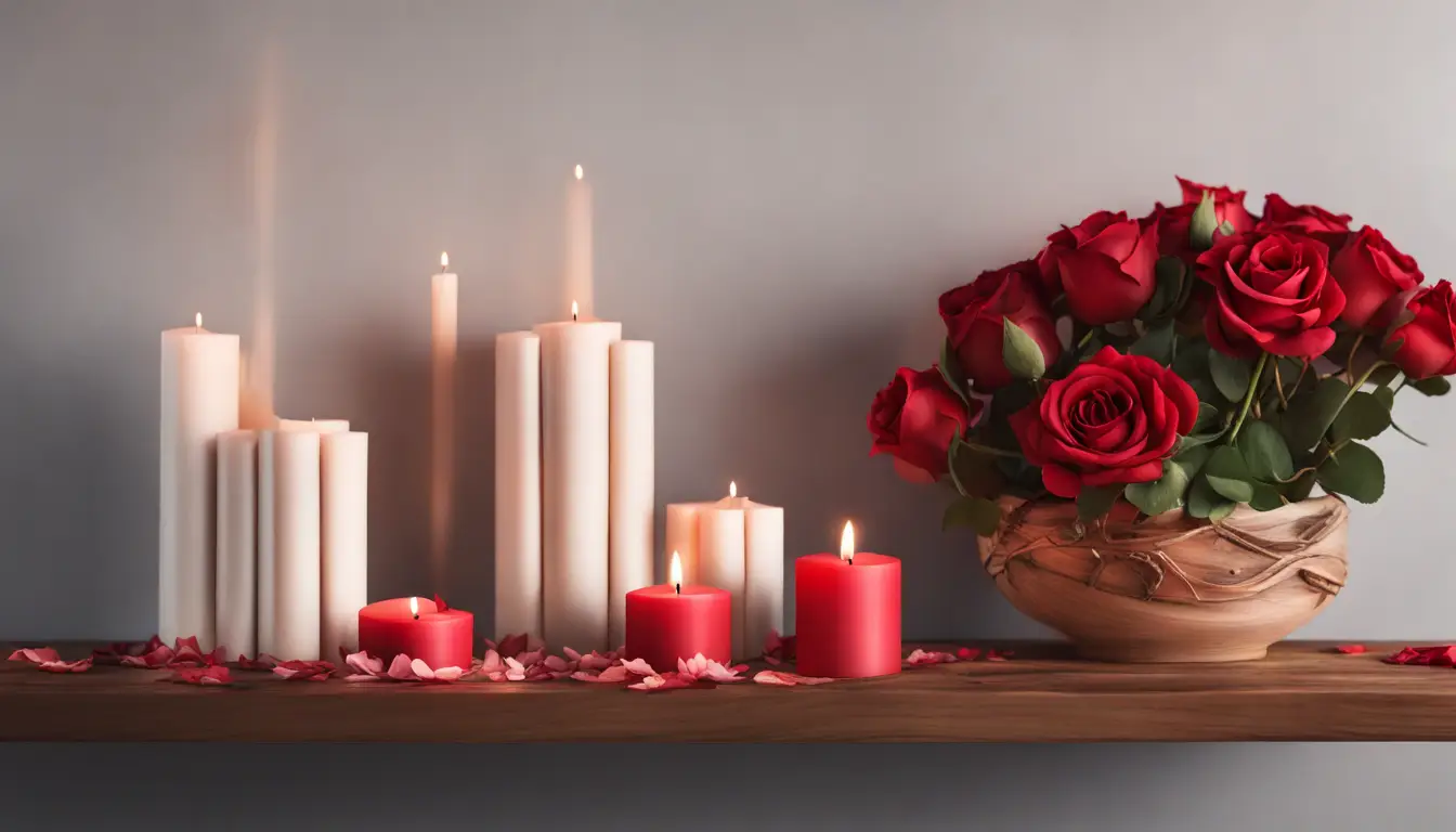 Altar com velas vermelhas, rosas, prato de mel e corações de papel em uma mesa de madeira escura.