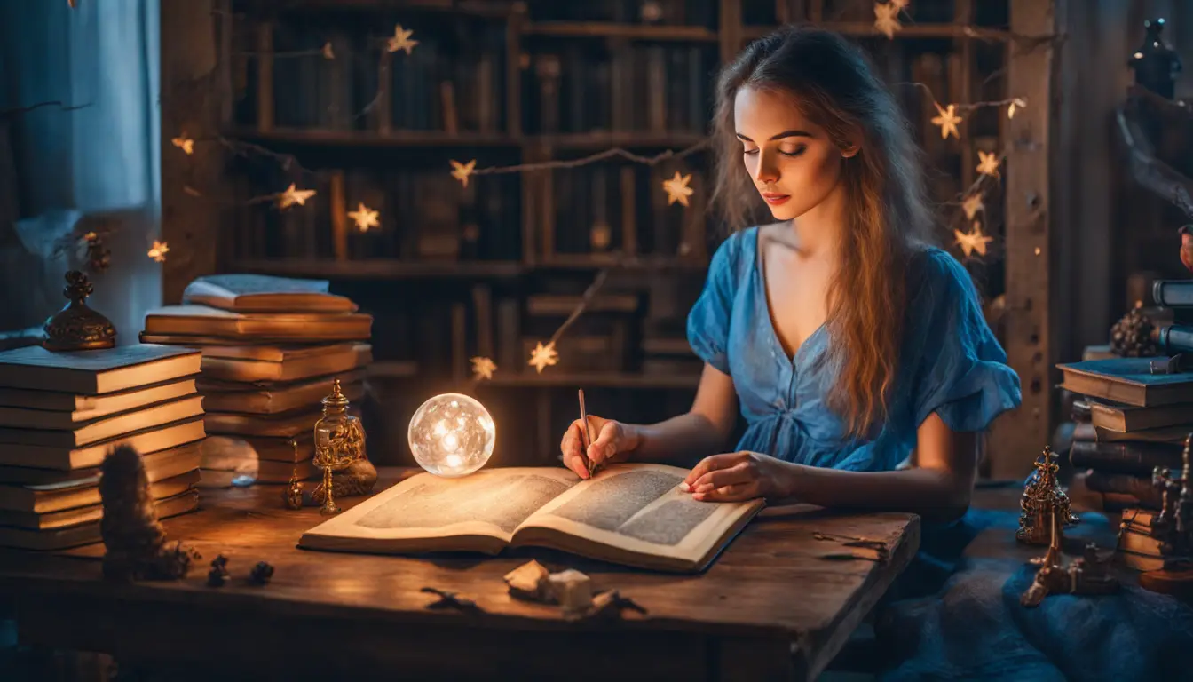 Mulher com livros de astrologia, globo celeste e cartas astrológicas em um quarto iluminado por velas.