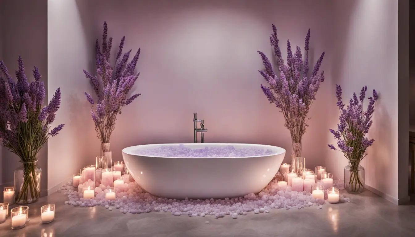 Banheira de mármore com velas, flores de lavanda e cristais de quartzo rosa em ambiente iluminado.