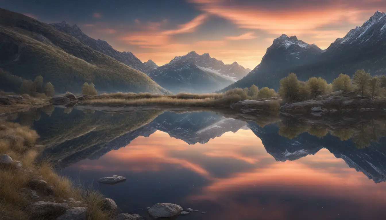 Céu estrelado sobre montanhas, constelações visíveis, figura refletida em lago calmo em primeiro plano.