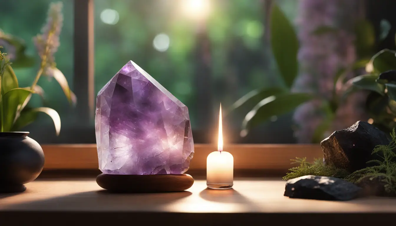 Cristal de ametista e turmalina negra sobre mesa de madeira com luz de velas e plantas verdes ao fundo.