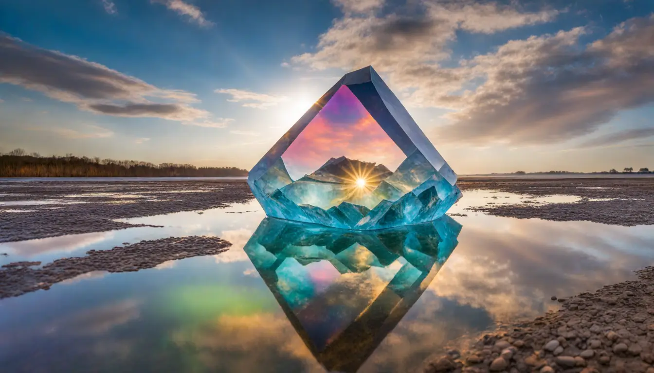 Grande cristal de quartzo refletindo luz solar cercado por pedras de ametista e selenita em campo verde.