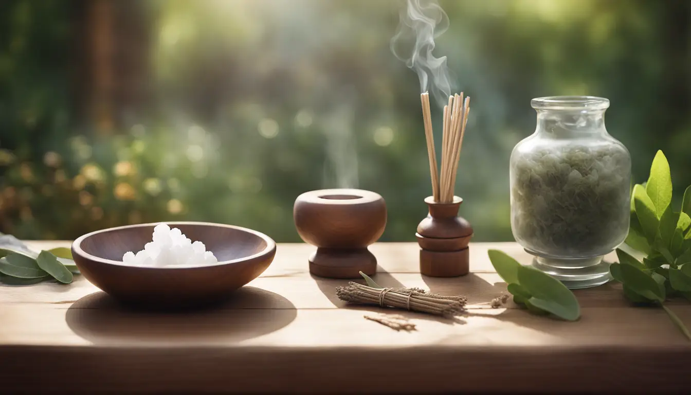 Ferramentas de limpeza espiritual em uma mesa de madeira com jardim verde suavemente desfocado ao fundo.