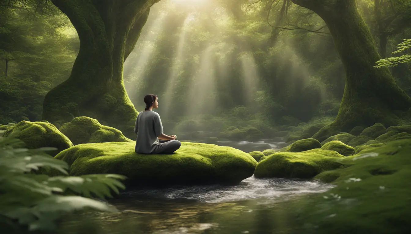 Pessoa meditando em pedra coberta de musgo no meio da floresta com árvores verdes e luz suave filtrando pelas folhas.