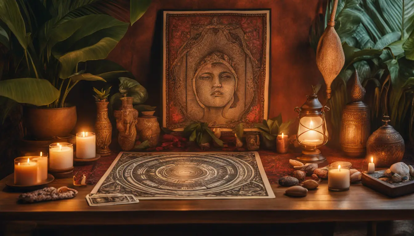 Mesa de adivinhação com cartas de tarô e búzios rodeada por plantas tropicais e velas em uma sala iluminada suavemente.