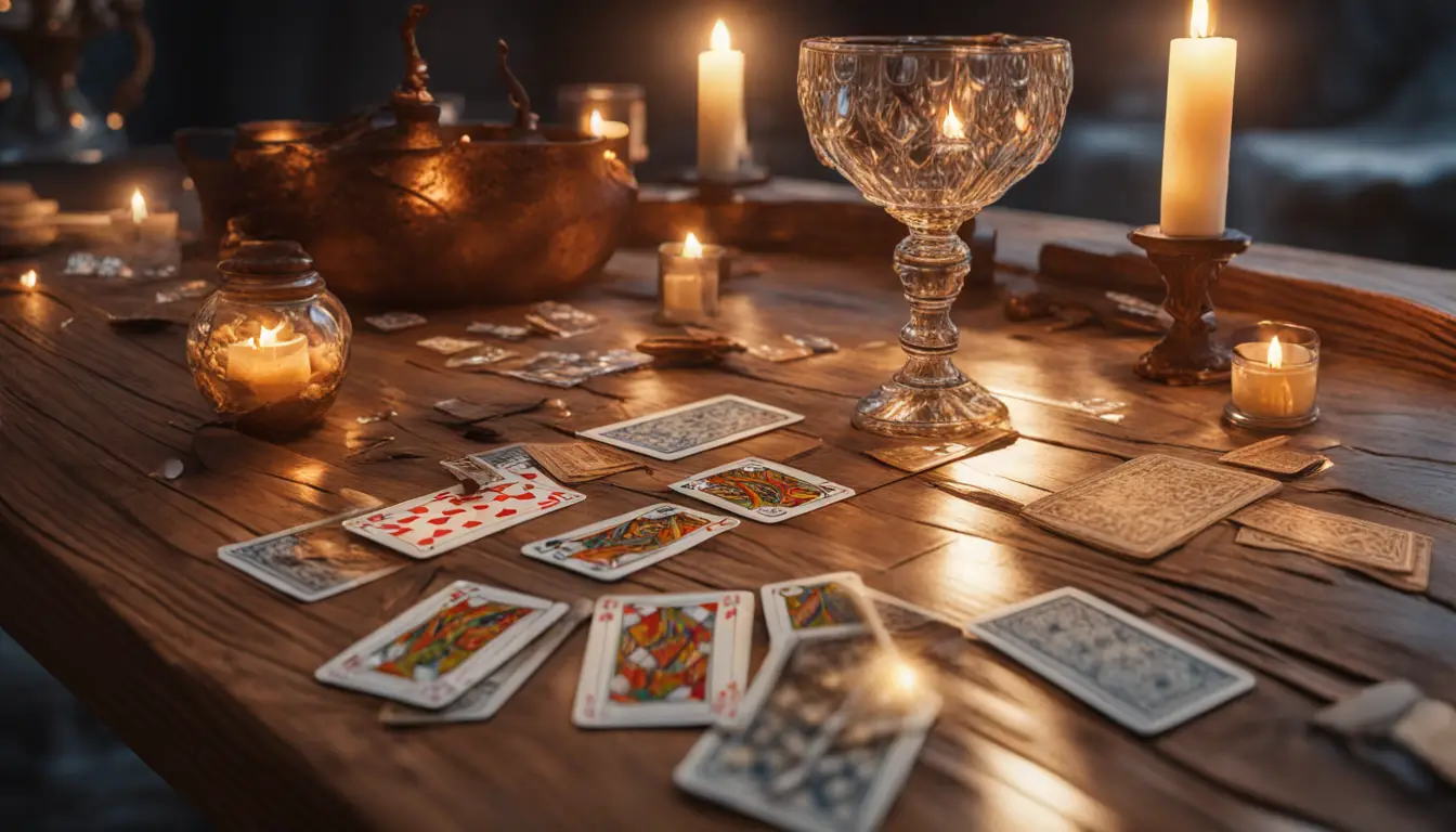 Mesa com cartas de tarô coloridas, uma vela acesa e uma bola de cristal refletindo luz suave.