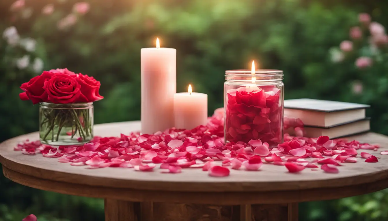 Mesa redonda de madeira com pétalas de rosa, duas velas brancas e um pote de quartzo rosa ao centro, em fundo de jardim verde desfocado.