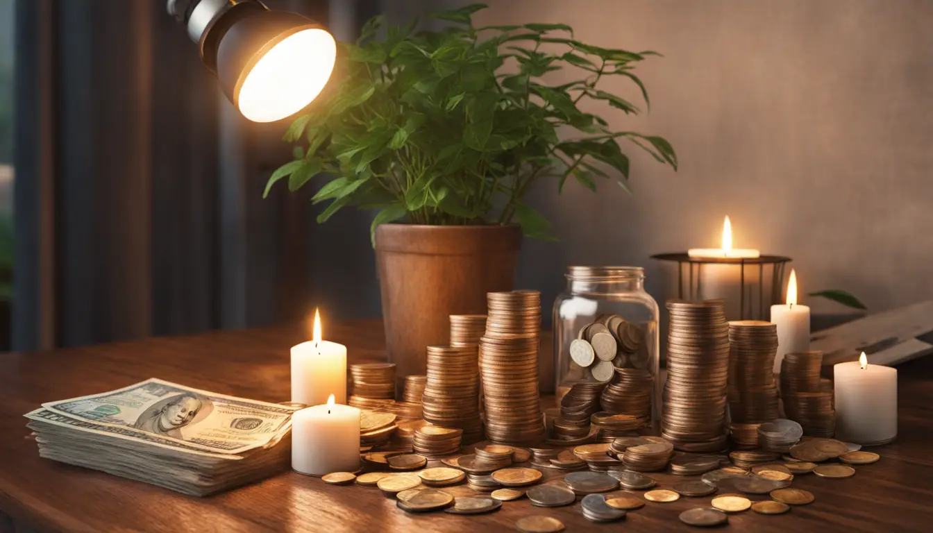 Moeda e notas em diferentes moedas em uma mesa de madeira com vela acesa e planta em vaso pequeno em uma sala iluminada.