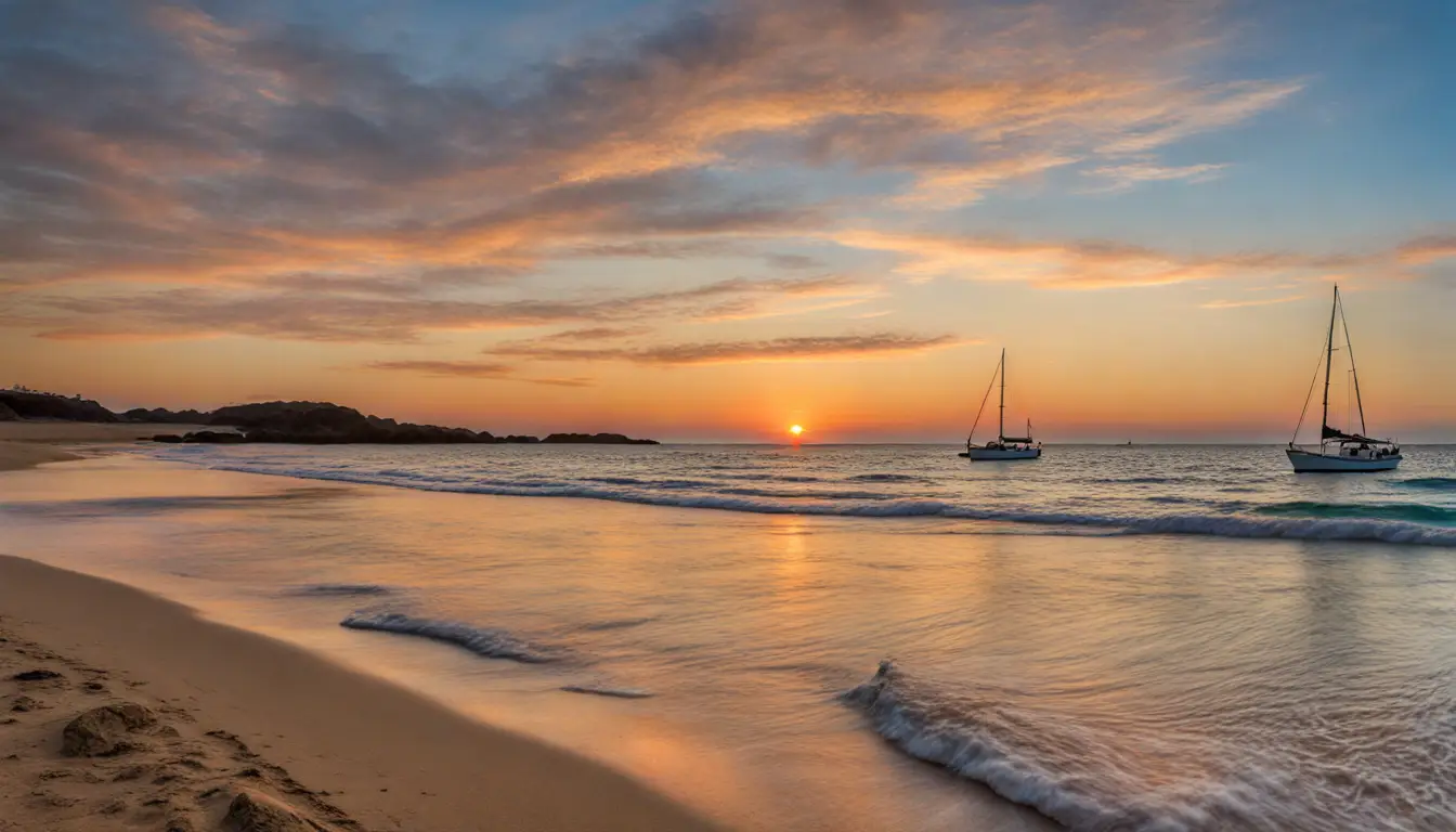 Praia ao entardecer com mar azul, falésias douradas, coqueiros e barco de pesca colorido ancorado.