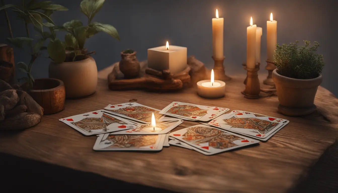 Mesa de madeira com cartas de Tarô de Marselha, velas acesas, cristais e planta com luz âmbar suave.