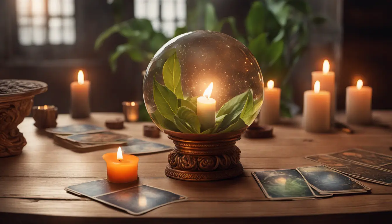 Cartas de tarô em uma mesa de madeira com velas acesas, bola de cristal e folha verde ao lado.