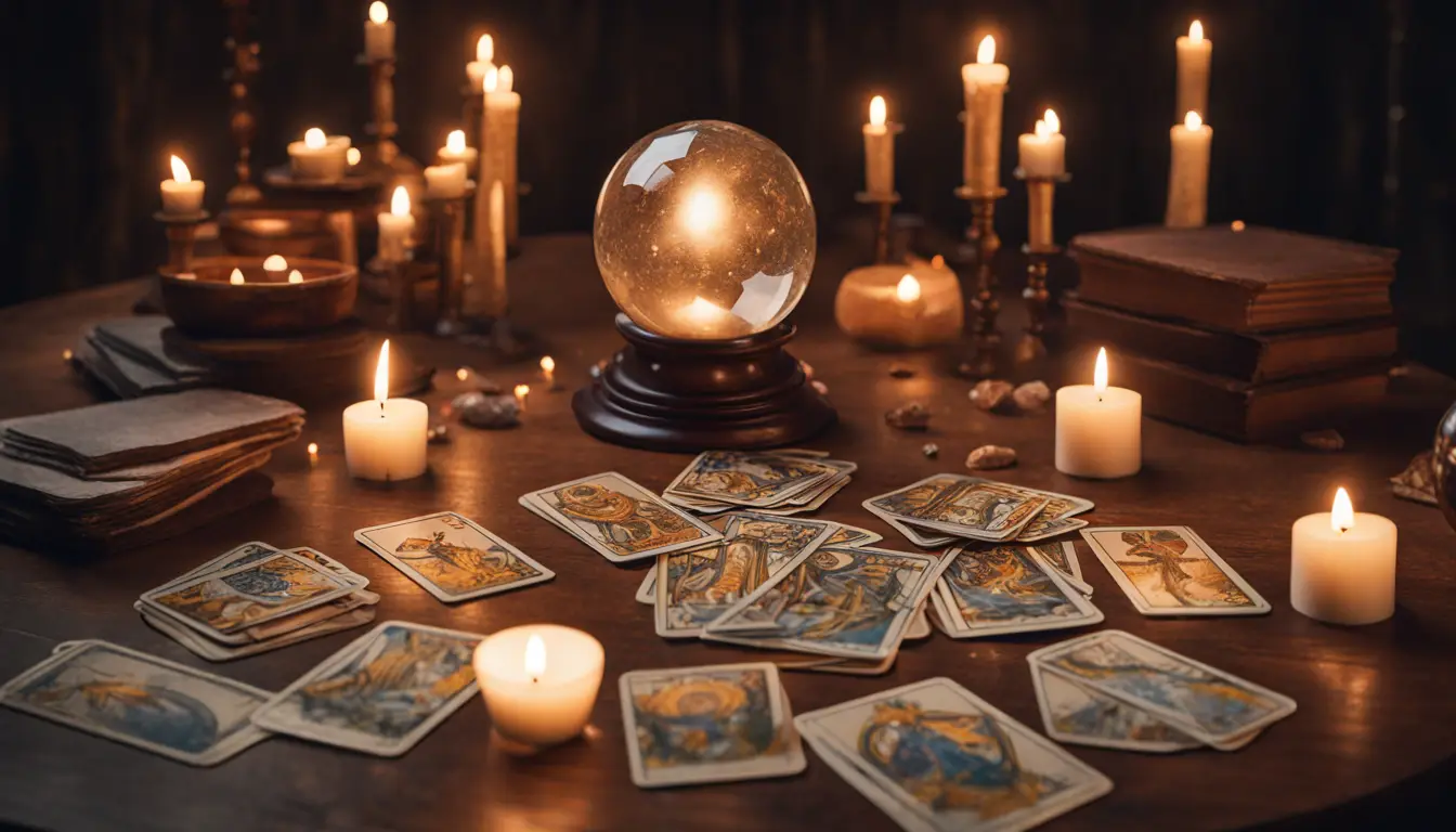 Cartas de tarô espalhadas em uma mesa de madeira com uma bola de cristal no centro, cercadas por velas acesas.