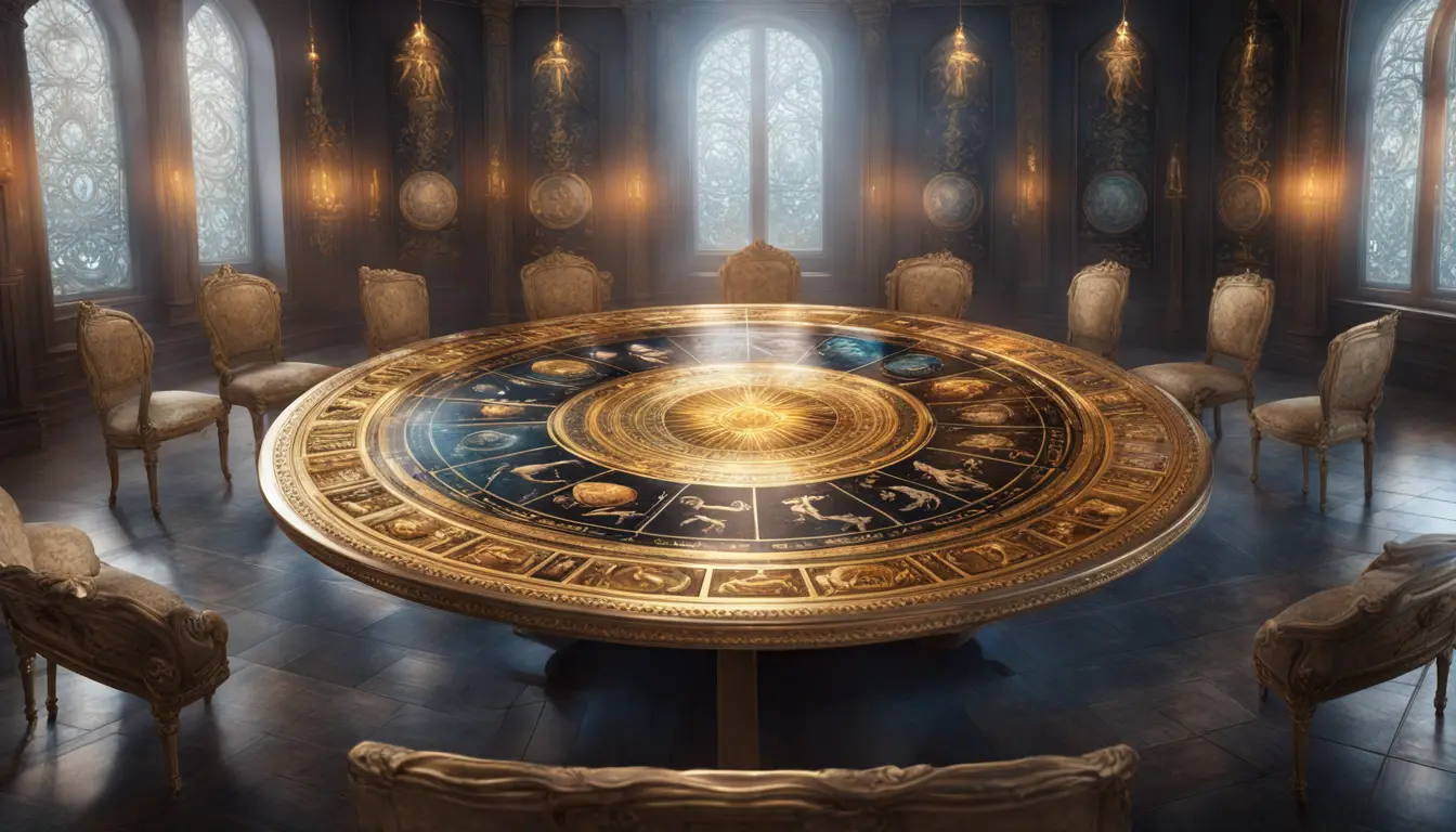 Mesa circular com doze signos do zodíaco em metal dourado e prateado ao redor, com um orbe de cristal brilhante no centro.