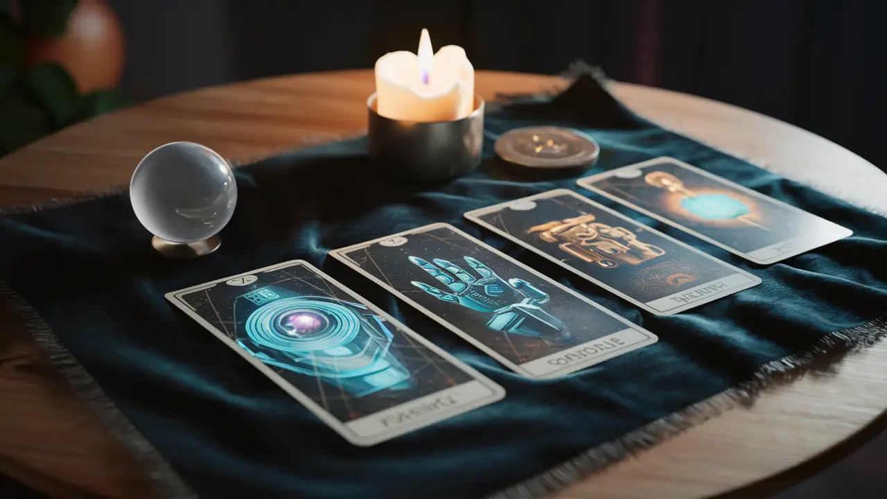 Cartas de tarô futuristas com símbolos holográficos e uma bola de cristal em uma mesa de veludo escuro.