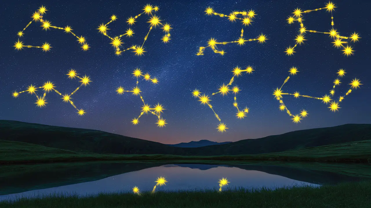 Céu estrelado com constelações do zodíaco em cores vivas refletidas em um lago calmo e colinas ao fundo.